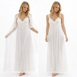 In Bloom By Jonquil Nightgown Robe Set S/M Satin Pearls Sheer Wedding Bridal NWT